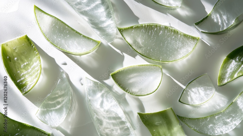 Fototapeta premium 106.A minimalist top-down composition of aloe vera slices spread across a smooth, white background. The glossy texture of the gel catches the light, emphasizing hydration and purity.