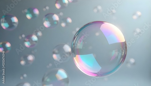 Realistic soap bubbles floating on the grey background