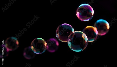 Realistic soap bubbles floating in the dark