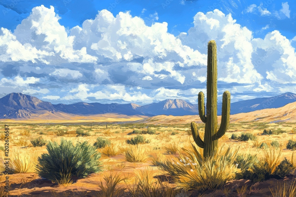 Vast desert landscape with a towering saguaro cactus under a dramatic sky. Ideal for travel, nature, and western themed projects. Vast desert landscape with a towering saguaro cactus under a dramatic sky. Ideal for travel, nature, and western themed projects.