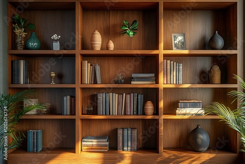 Sunlit wooden bookcase filled with books, plants, and decor.  Interior design inspiration