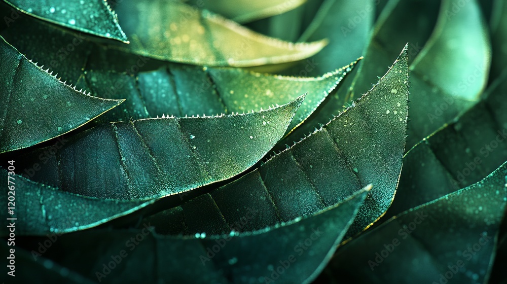 Obraz premium 32.A close-up of vibrant green aloe vera leaves with sharp edges and glistening gel inside the cut surface, set against a dark, moody background with soft lighting accentuating the texture.