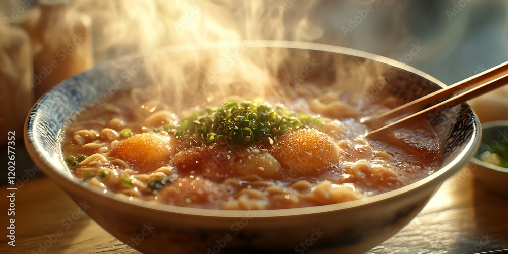 Steaming noodle soup bowl, restaurant setting Steaming noodle soup bowl, restaurant setting