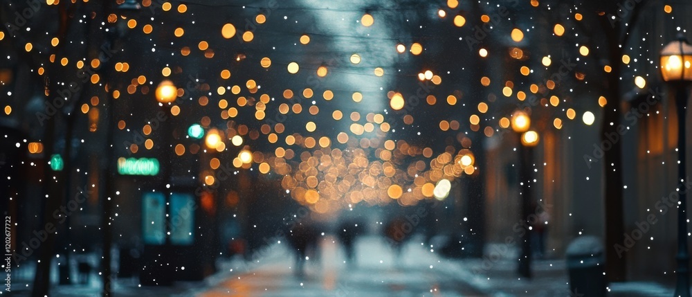 Naklejka premium Twinkling string lights illuminate a snowy street, creating a magical winter wonderland atmosphere amid silhouettes of passersby.