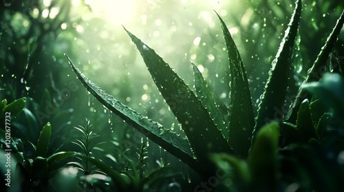 117.Stylized aloe vera leaves, rich in texture and detail, with fresh green aloe juice dripping fluidly, surrounded by subtle highlights for a vibrant and refreshing composition. photo