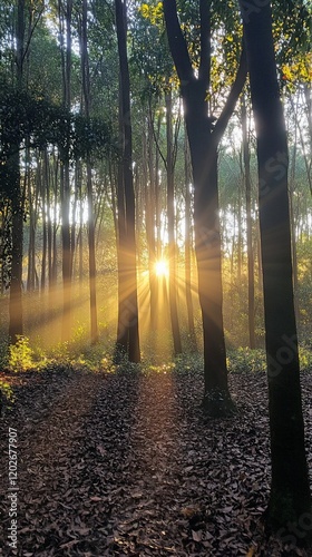 Sunbeams through misty forest (1) photo