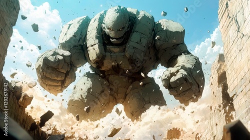 A fierce battle between a hulking, stone-skinned golem and an agile elf warrior takes place in the ruins of an ancient temple.