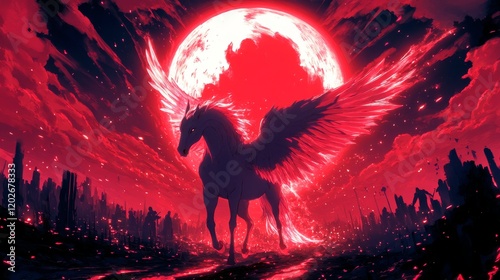 A majestic pegasus leads a charge against an army of shadowy specters in a valley illuminated by a blood-red moon. photo