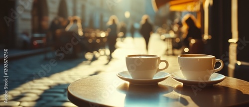Two steaming cups of coffee on a sunlit café table evoke warmth and comfort amid a bustling city street, capturing a serene morning moment.