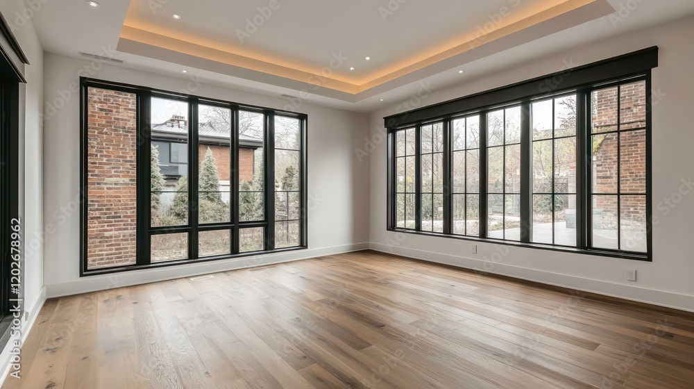 Fototapeta premium Modern empty room with large windows, hardwood floors, and recessed lighting.
