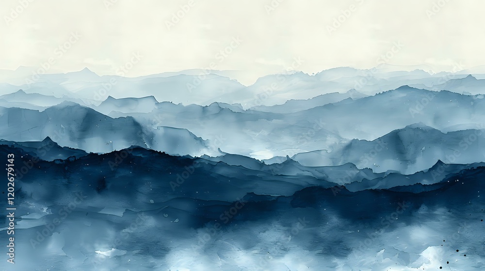 Atmospheric misty mountain ranges in watercolor style, perfect for wall art and interior design. Layered blue monochrome landscape creates a serene, minimalist composition. Atmospheric misty mountain ranges in watercolor style, perfect for wall art and interior design. Layered blue monochrome landscape creates a serene, minimalist composition.