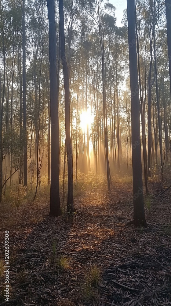 Sunrise through misty forest. Possible use Stock photo Sunrise through misty forest. Possible use Stock photo