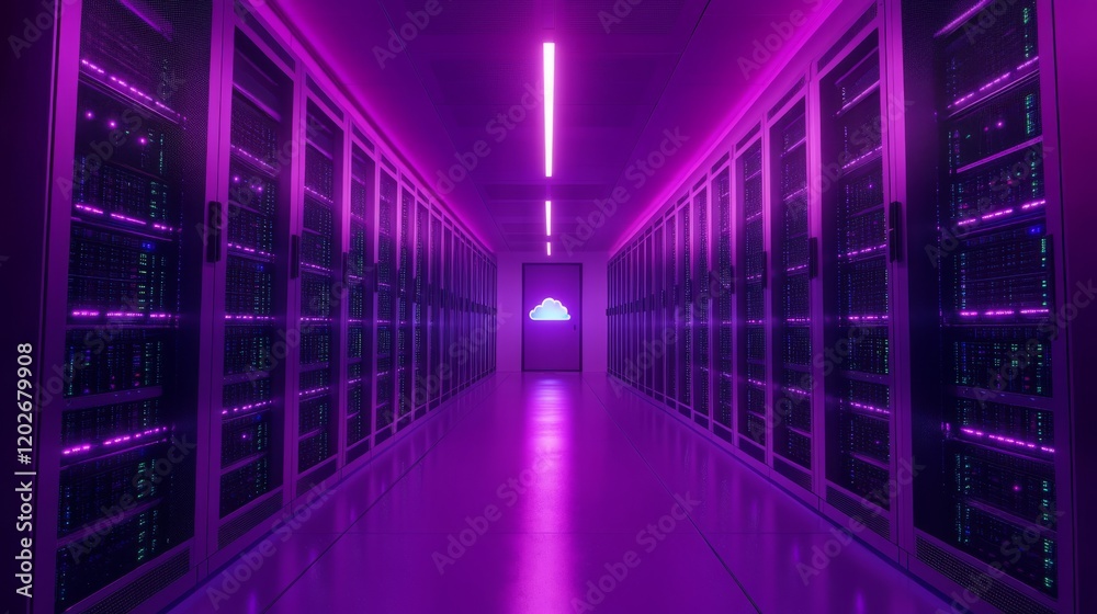 Modern Servers in Climate Controlled Room with Vibrant Lighting Modern Servers in Climate Controlled Room with Vibrant Lighting
