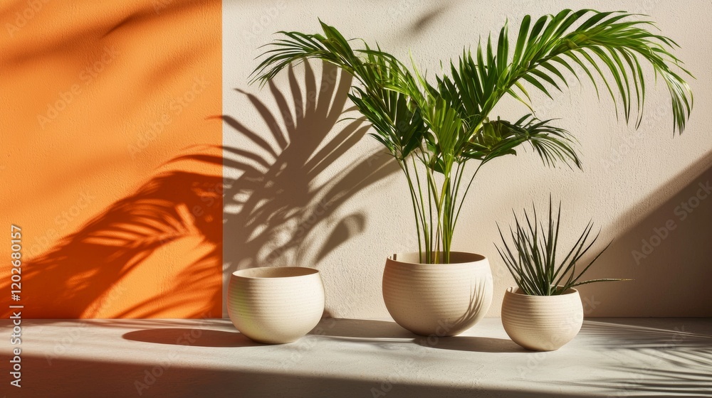 Fototapeta premium Contemporary vases with tropical plants and sunlight