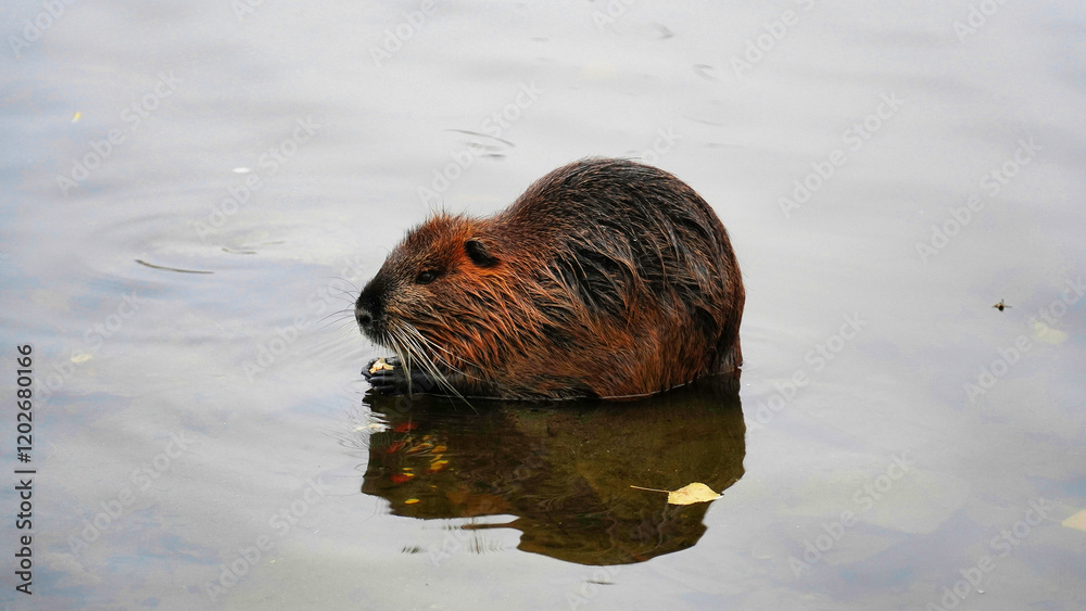 nutria swimming in calm water surrounded by autumn leaves near a riverbank in the afternoon light nutria swimming in calm water surrounded by autumn leaves near a riverbank in the afternoon light