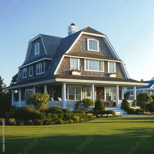 Coastal Charm: A charming, two-story home with a gambrel roof, white pillars, and large windows, sits majestically on a lush green lawn overlooking the shimmering ocean. The warm.