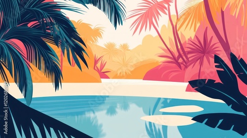 Idyllic tropical beach scene with calm water, lush palm trees, and vibrant colors.