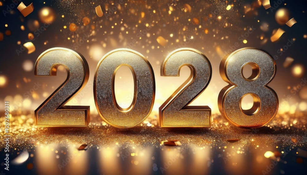 2028 gold glitter numbers, Happy New Year banner, gold and silver confetti background. 2028 gold glitter numbers, Happy New Year banner, gold and silver confetti background.