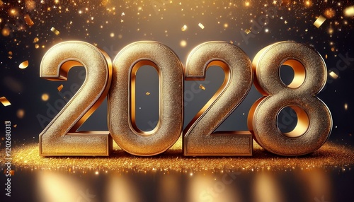 2028 gold glitter numbers, Happy New Year banner, gold and silver confetti background.