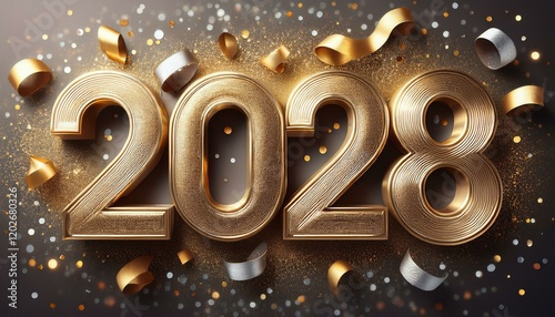 2028 gold glitter numbers, Happy New Year banner, gold and silver confetti background.