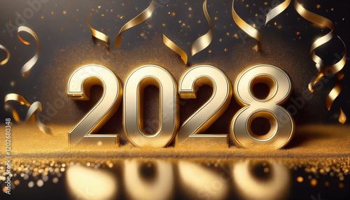 2028 gold glitter numbers, Happy New Year banner, gold and silver confetti background.