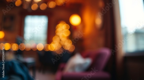 A cozy living room adorned with warm bokeh lights and soft furnishings, creating a welcoming atmosphere.