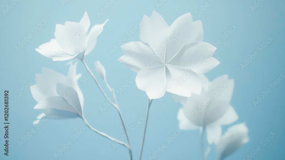 Fototapeta premium Close-up of delicate white paper flowers against a light blue background.