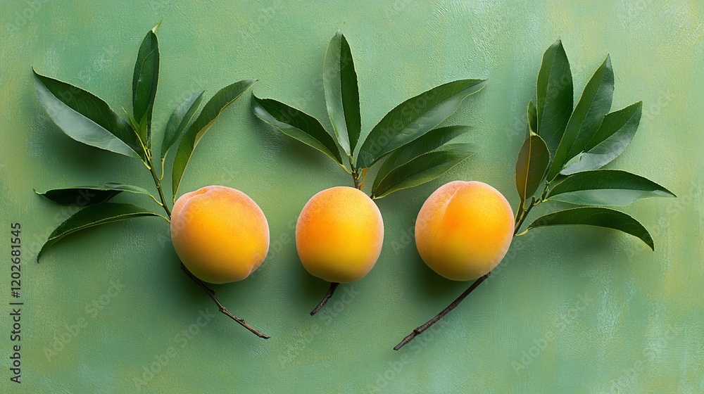 Three ripe peaches with leaves on green background; food photography Three ripe peaches with leaves on green background; food photography