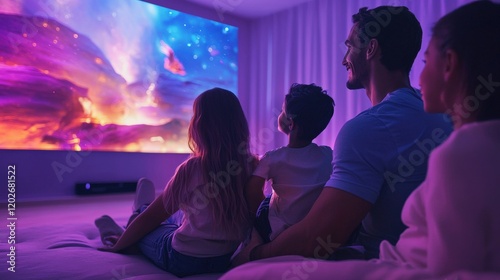 A family enjoying an interactive smart home theater with immersive lighting effects,