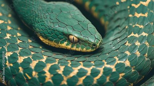   Close-up of green snake head with yellow stripe and brown spot on end photo