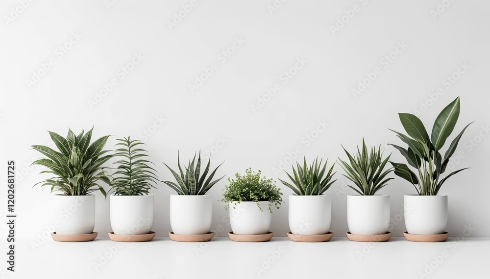 Rows of white ceramic pots containing various ornamental plants Rows of white ceramic pots containing various ornamental plants