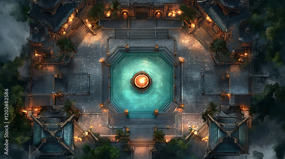 Fototapeta premium Aerial View of Fantasy Battle Map Game Temple Courtyard