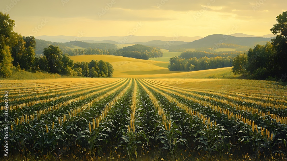 Golden hour cornfield rows, hilly landscape, agriculture Golden hour cornfield rows, hilly landscape, agriculture