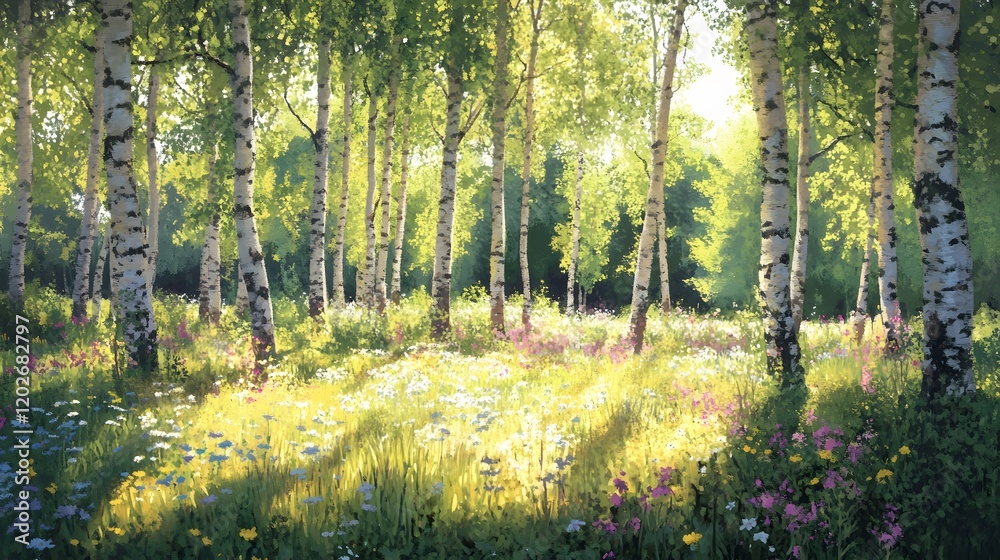 Obraz premium Sunlit Birch Forest Meadow Wildflowers Bloom