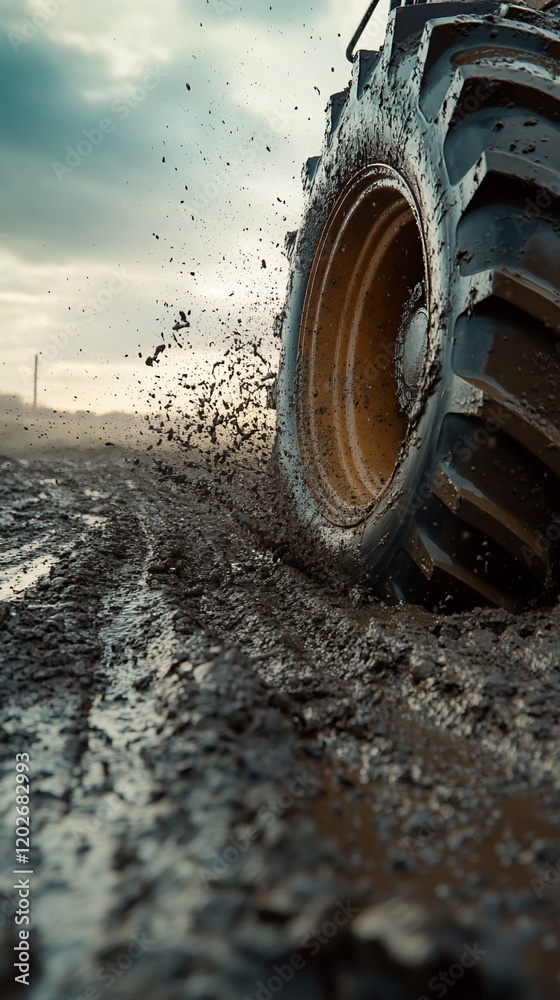 Tractor tire splashing mud on field Tractor tire splashing mud on field