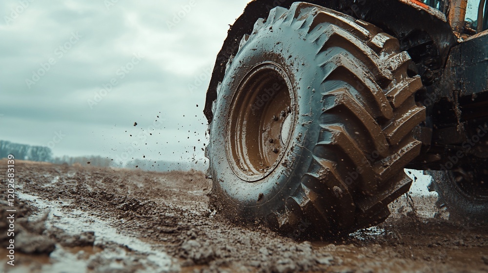 Tractor wheel in mud, field, cloudy day, agriculture Tractor wheel in mud, field, cloudy day, agriculture