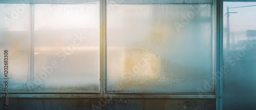 Frosted window with a soft, dreamy glow, capturing the essence of a quiet, wintry morning gently kissed by the first light. photo