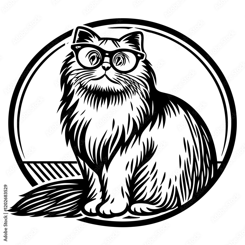 Obraz premium Fluffy Persian Cat with Oversized Glasses Sitting Proudly in a Circular Art Style
