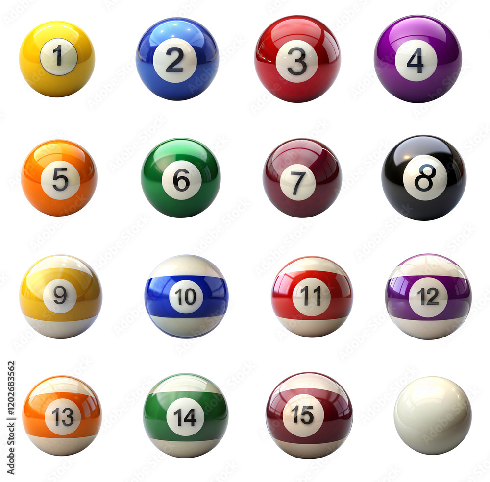 A set of billiard ball featuring the all number prominently displayed A set of billiard ball featuring the all number prominently displayed