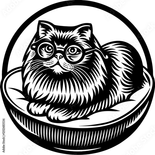 Adorable Fluffy Cat Wearing Glasses Resting in a Round Cushion in Black and White Style