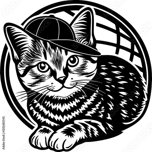 Happy Tabby Kitten in a Backwards Cap Sitting Cheerfully in Circular Art Style
