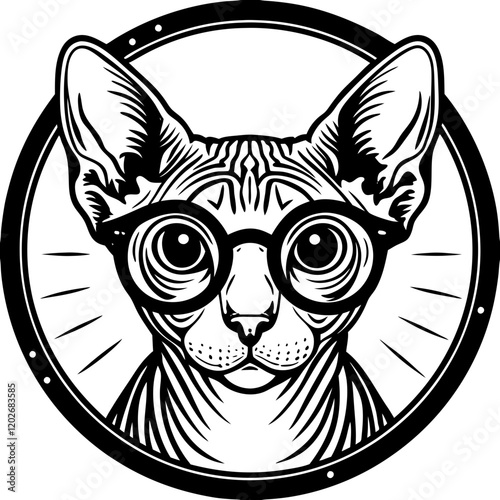 Modern Sphynx Cat with Round Glasses in a Bold Black and White Circular Design