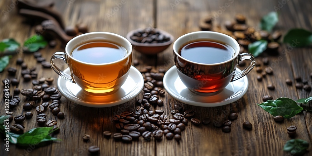 Two cups of coffee and tea on wooden table Two cups of coffee and tea on wooden table
