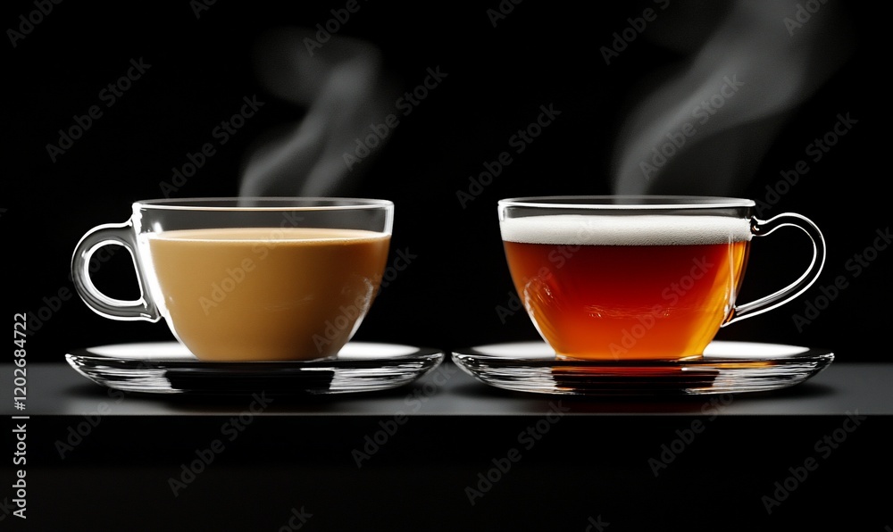 Two cups of hot drinks, steaming on dark surface. Possible stock use Two cups of hot drinks, steaming on dark surface. Possible stock use