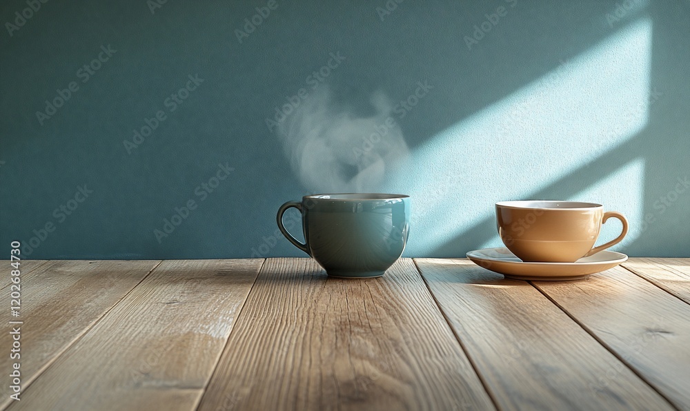 Two cups of coffee on a wooden table, sunlight, teal wall. Possible use Background image for coffee shop, office, or home Two cups of coffee on a wooden table, sunlight, teal wall. Possible use Background image for coffee shop, office, or home