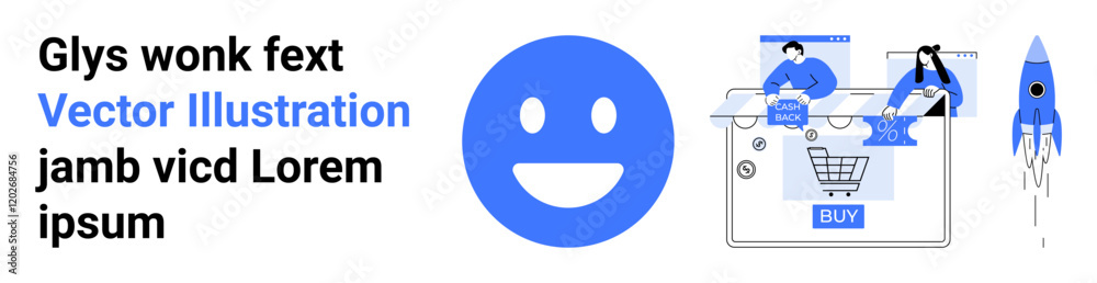 Fototapeta premium Smiling face icon with e-commerce transaction and rocket launch in blue and white. Ideal for business communication, e-commerce, digital marketing, start-ups, innovation, technology, and customer