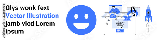 Smiling face icon with e-commerce transaction and rocket launch in blue and white. Ideal for business communication, e-commerce, digital marketing, start-ups, innovation, technology, and customer