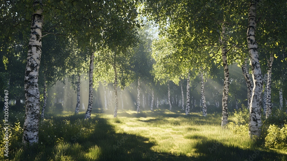 Sunlit Birch Forest Path Morning Light Sunlit Birch Forest Path Morning Light