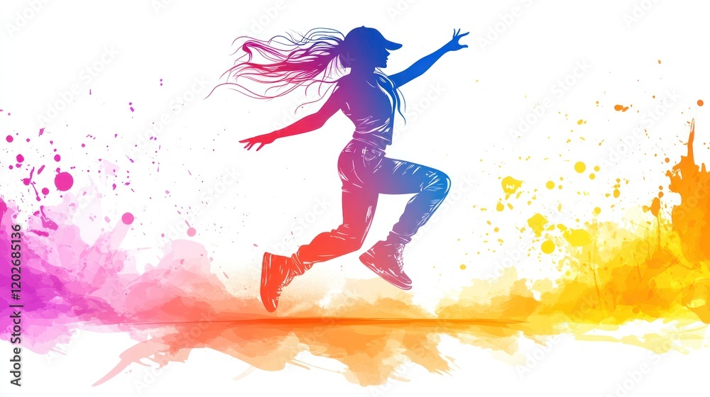Dynamic Woman Silhouette Leaping Against a Colorful Splash Background