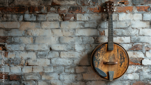 Rustic banjo hanging on vintage brick wall, evoking nostalgia